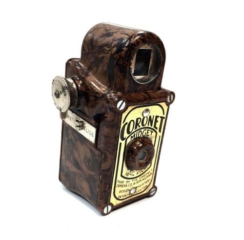 Antique Coronet Midget / Miniature 16MM Camera Brown Marble  Bakelite / Art Deco